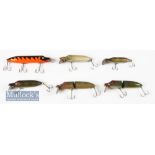 6x ABU Hi-Lo Swedish made plug baits most with maker’s marks, from 2 ½” to 4” examples