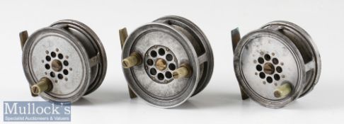 3x Moscrop style alloy fly reels sizes include a 3” twin handled reel, and two others marked Made in