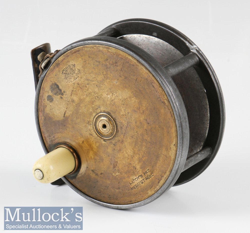 Fine Hardy Bros Alnwick 4” brass faced perfect fly reel with maker’s unbordered oval text logo and - Image 2 of 2