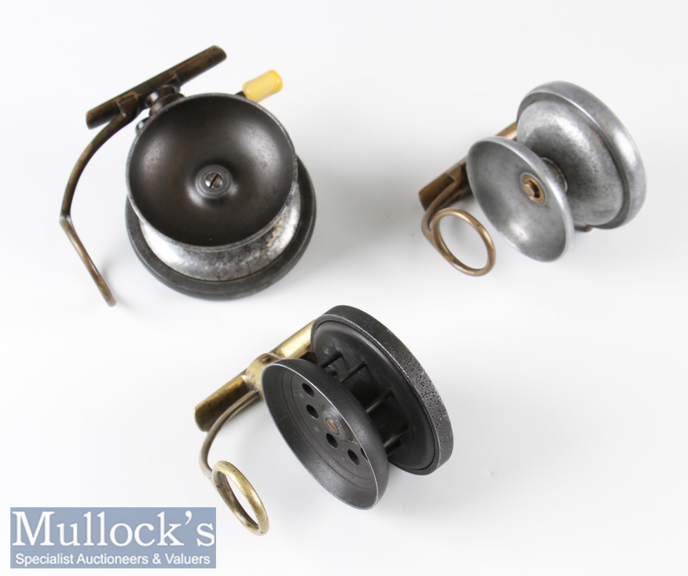 Malloch’s Patent side caster reel in alloy 3 ¼” drum, together with 2x unnamed side caster reels