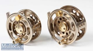 2x Modern Shakespeare large arbour fly reels with polished champagne colour finishes measuring 3 5/