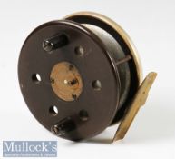 D Slater Patent ebonite, brass and nickel 4” centre pin reel with brass star back marked with