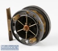 Rare S Allcock Aerial 3” wide spool alloy centre pin reel with maker’s circular logo, reg no 689467,