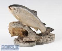 Small Figure of Leaping Salmon c1979– mounted on a stone resin shaped base signed by sculptor