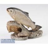 Small Figure of Leaping Salmon c1979– mounted on a stone resin shaped base signed by sculptor