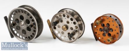 3x Various centre pin reels including a 4 ¾” unnamed alloy reel spins forever, a 4 ¼” marked Made in