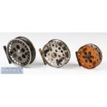 3x Various centre pin reels including a 4 ¾” unnamed alloy reel spins forever, a 4 ¼” marked Made in