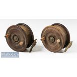 Pair of Wooden Nottingham and brass star back 4.75” trolling reels – decorative milled/turned face