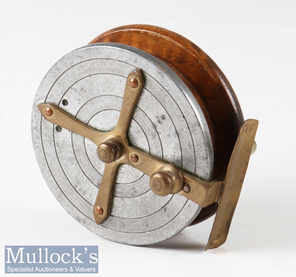 Mahogany and Alloy Combination Centrepin Reel 3 ½” dia, twin horn handles, brass star back and - Image 2 of 2