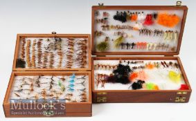 Farlows Wooden Fly Box and Another with Flies – 2x 2-tier wooden fly boxes with foam interior with