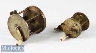 Early 19th Century 1 ¾” clamp multiplier brass reel with curved arm, together with an early 2 5/8”