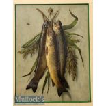 Period Embossed Trout Fishing Coloured Print – 3x embossed hanging brown trout – days catch –