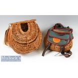 Nice wicker water melon style fishing creel with slot to lid, 30x 27x 36cm approx, with canvas