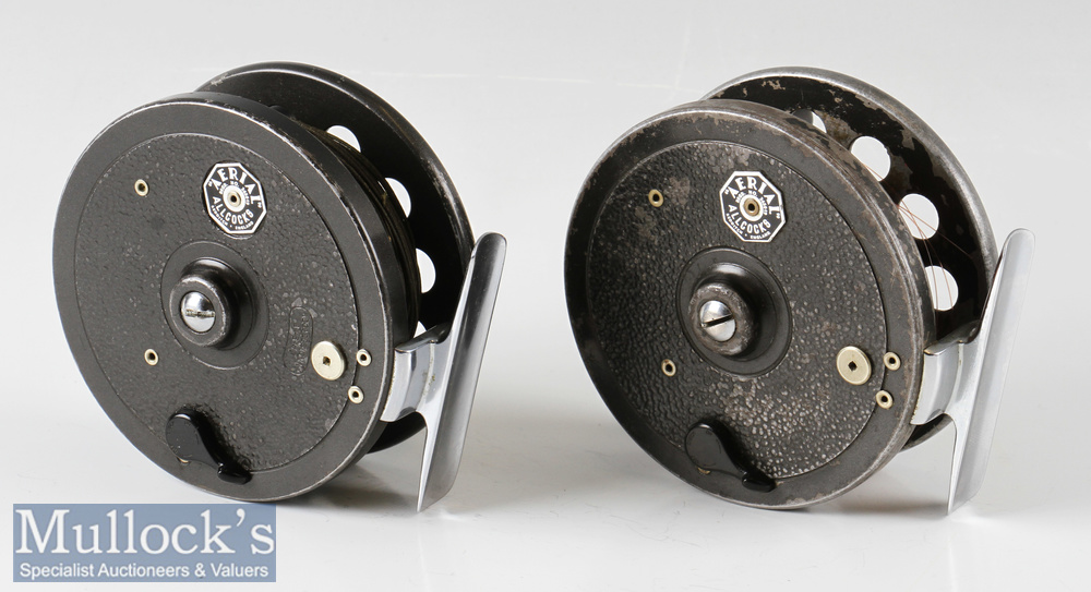 2x Allcocks Aerial 3 ¾” centre pin reels in black finishes, six spoke, perforated faces, chrome feet - Image 2 of 2