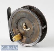 Early check Hardy Bros Alnwick brass drum 3 1/8” Uniqua fly reel with maker’s mark to face with an