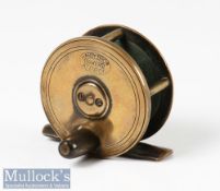 Hardy Bros Alnwick all brass Birmingham 2 ¼” plate wind reel with bordered oval logo, wood handle,