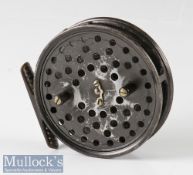 Rare Hardy Bros Alnwick 3 ½” Davy alloy fly reel narrow drum, ribbed brass foot, telephone latch,