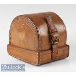 Leather D block reel case appears unnamed internally measures 3.5” length, 1.5” width, has