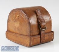 Leather D block reel case appears unnamed internally measures 3.5” length, 1.5” width, has