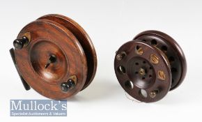 Wood and brass Nottingham 6” centre pin reel with on/off check, wing nut to centre, plus a 4 ¾” wood