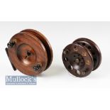 Wood and brass Nottingham 6” centre pin reel with on/off check, wing nut to centre, plus a 4 ¾” wood