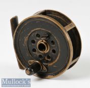 J B Moscrop’s Manchester Patent 3” All Brass Reel: spindle drum core, dark brown handle, face