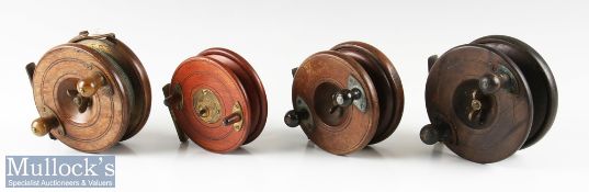 4x Nottingham Mahogany and Brass Backed Reels 2x strap backed, one 4 ½” by Allcocks, missing