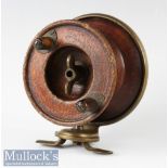 Unusual 4 ½” brass back wood side casting reel twin handles, appears unnamed, possible Bartleets,