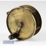 Early Victorian 4 ½” brass anti foul rim reel with crank arm, four pillar construction, turns