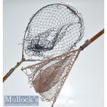 Eaton & Deller marked wood and brass extendable landing net with makers marks to brass butt of