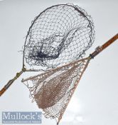Eaton & Deller marked wood and brass extendable landing net with makers marks to brass butt of