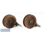 2x interesting wooden and alloy side casting narrow drum reels – both 3.5” dia one with alloy back