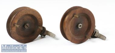 2x interesting wooden and alloy side casting narrow drum reels – both 3.5” dia one with alloy back