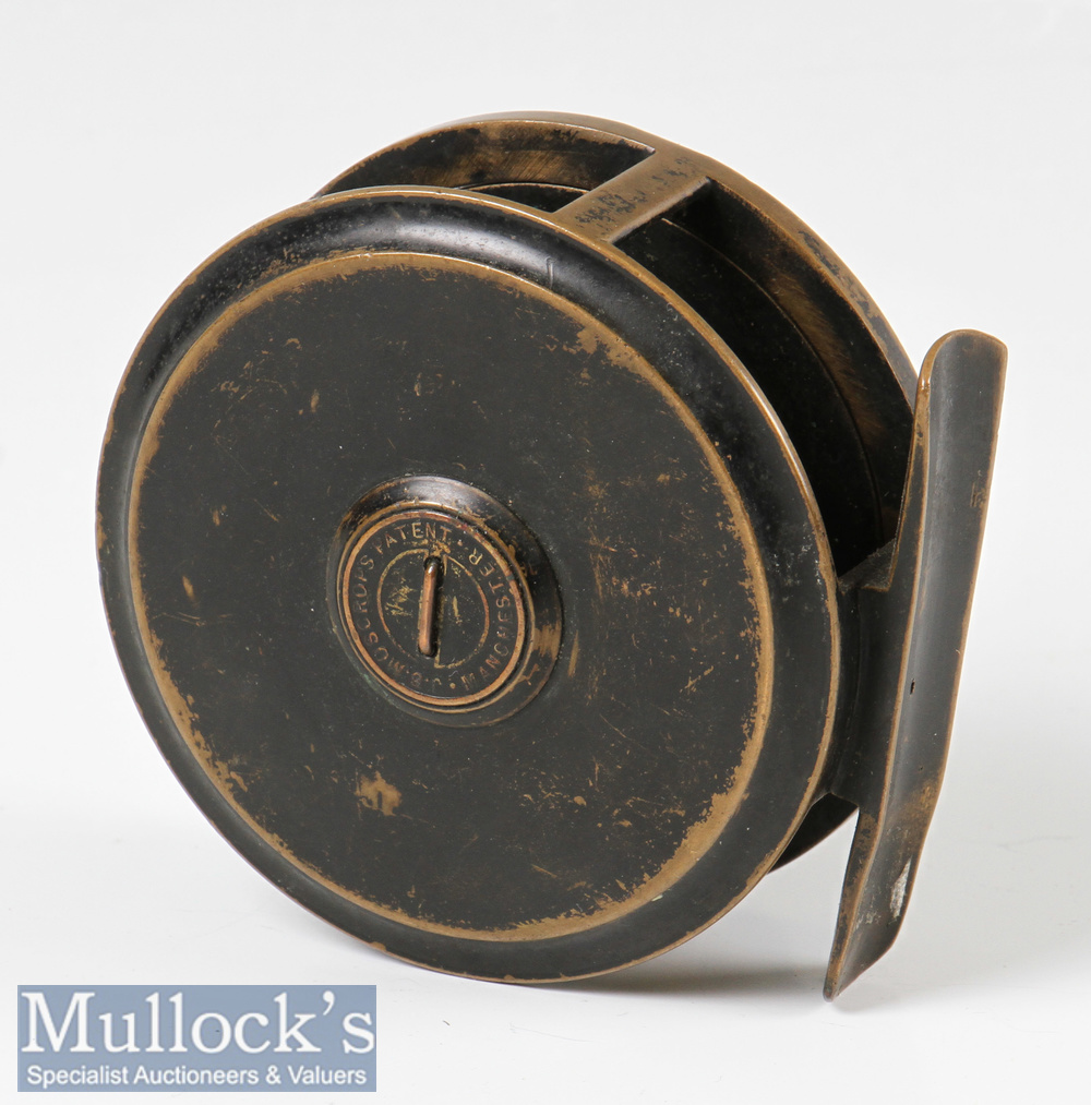 J B Moscrop’s Manchester Patent 3” All Brass Reel: spindle drum core, dark brown handle, face - Image 2 of 2