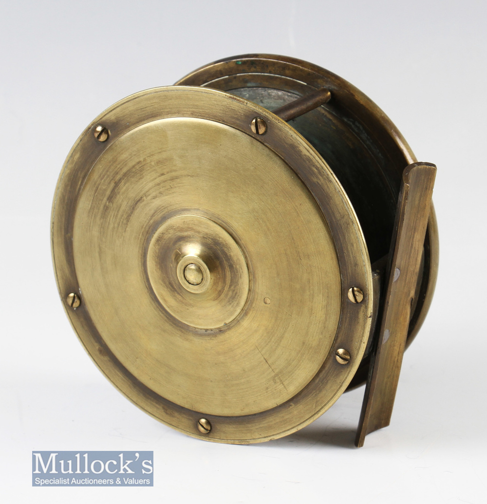 Early Victorian 4 ½” brass anti foul rim reel with crank arm, four pillar construction, turns - Image 2 of 2