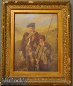 Late 19th c Scottish Colour Fishing Print – Scottish scene with father and son going fishing with