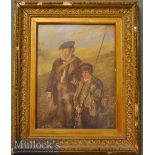 Late 19th c Scottish Colour Fishing Print – Scottish scene with father and son going fishing with