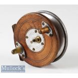 Mahogany and Alloy Combination Centrepin Reel 3 ½” dia, twin horn handles, brass star back and