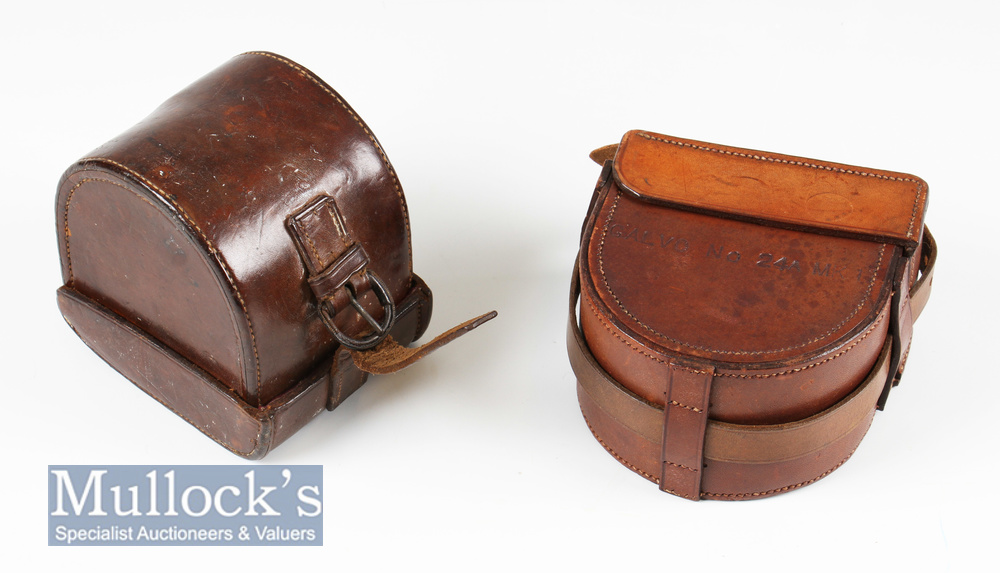 2x Leather D block reel cases to include one internally measuring 3 ½” length, 1 ¾” width, some