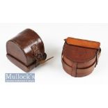 2x Leather D block reel cases to include one internally measuring 3 ½” length, 1 ¾” width, some