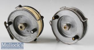 2x Hardy Bros 4 ½” Longstone alloy sea reels with unperforated drums, one with a ribbed alloy