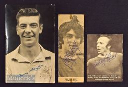 George Best Signed Newspaper cutting together with Johnny Haynes and Nobby Stiles signed cutting and
