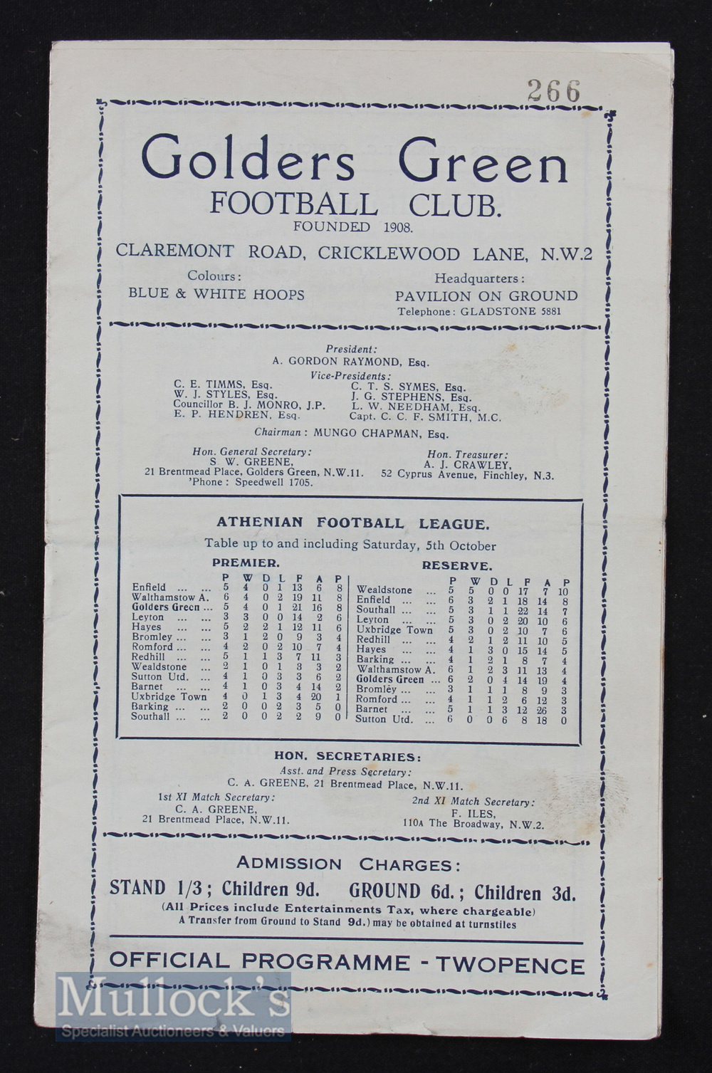 1935/36 Golders Green v Bromley Athenian League 12 October, fair-good.
