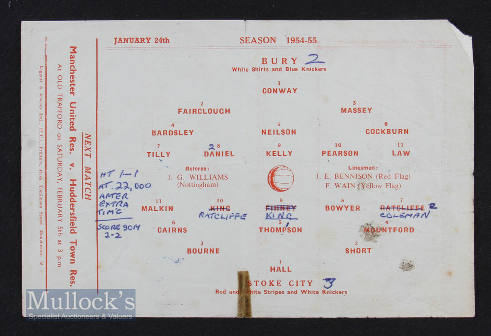 Scarce issue neutral FA Cup match replay at Manchester Utd 1954/55 24 January Bury v Stoke City - Image 2 of 2