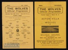 War time Wolves v Aston Villa 1944/45 (9 Sept) single sheet, fold, tears to each side of fold;