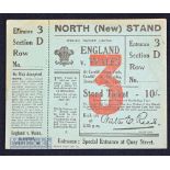 Rare Rugby Ticket, 1938 Wales v England: Wales won 14-8 in England’s last pre-WW2 visit. The usual