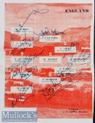 1956 England Team Autographs with Busby Babes all signed in blue ink to team line-up page of