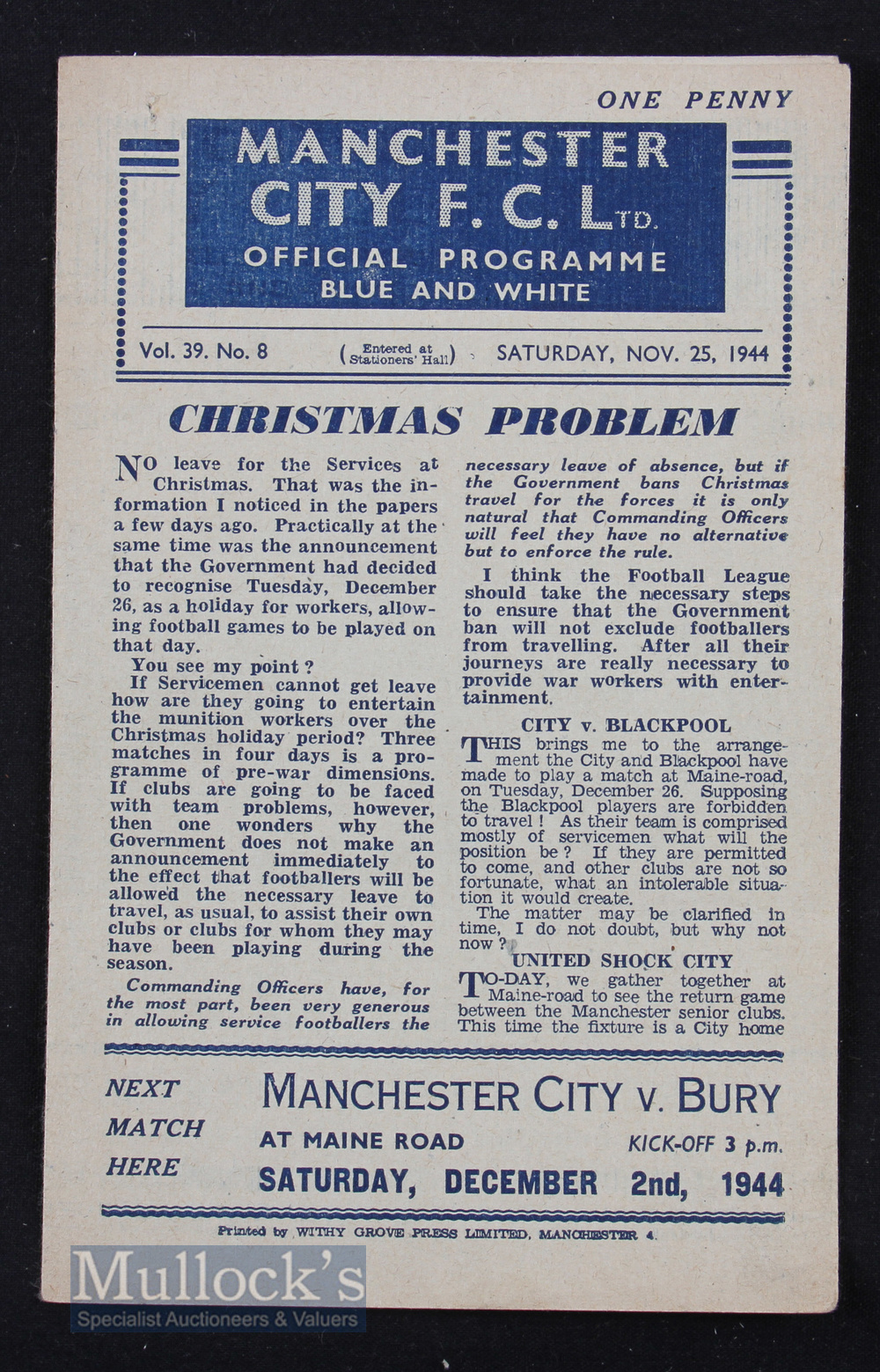 1944/45 War League north Manchester City v Manchester Utd 25 November 1944, 4 pages, team changes