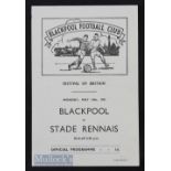 1951 Festival of Britain Blackpool v Stade Rennais 14 May 1951 at Bloomfield Road, single sheet.