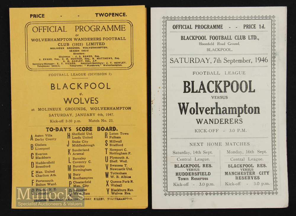 1946/47 Wolverhampton Wanderers v Blackpool (4 January) match programme plus reverse fixture